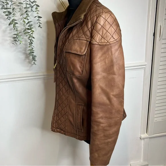 Michael kors brown tan leather with wool collar aviation style bomber jacket xl - Picture 5 of 12